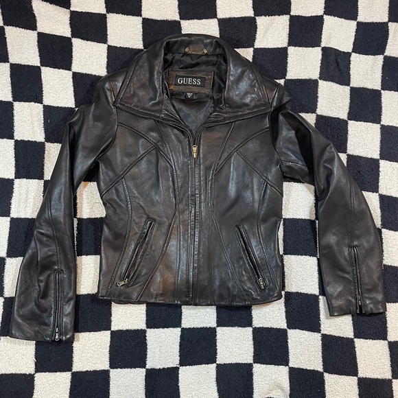 Vintage Guess Genuine Black Leather Jacket Full Zip Pockets Women's M Y2K Goth - Picture 1 of 4